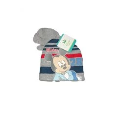 Set 2pz Cappello Cappellino Muffole Guanti Bimbo Bambino Disney Baby Mickey Grigio Tg 48